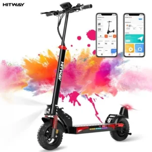 Trottinette Électrique Pliable – HITWAY – Pneus gonflables 10″ – 800W – APP – Batterie 48V 15.6Ah – Scooter Noir Rouge