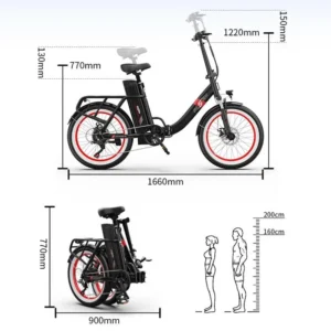 ONESPORT OT16 – Vélo Électrique Pliable – Roues 20″ – Moteur 250W – Batterie 48V 17Ah – Amortisseur – Friens à disque – Noir Rouge