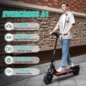 EVERCROSS A1 Trottinette Électrique Adulte Pliable 10″ 800W 3 Mode Vitesses 2 freins et amortisseurs Écran LED Bluetooth APP Bleu